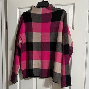 Tahari Black Tan Pink Plaid Print Long Sleeve Mock Neck Sweater Size Medium
